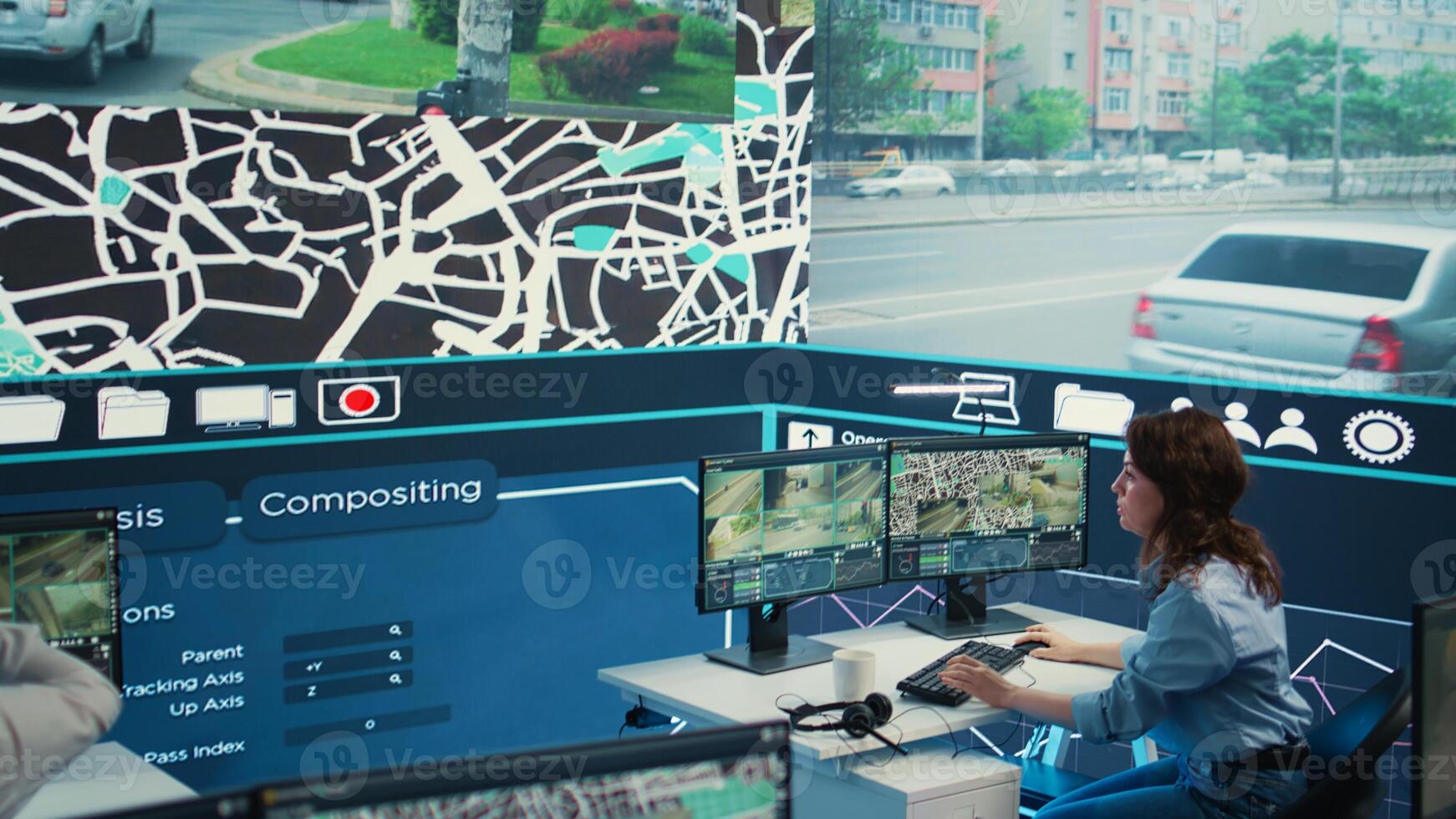 Cargo shipping agency employees monitoring their cars and drivers to ensure express delivery using the best routes. Diverse team tracing their couriers with gps satellite locating on map. Camera B. photo