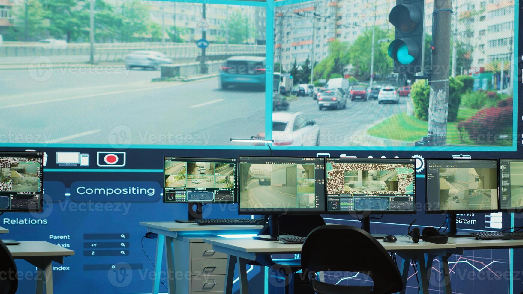National protection agency headquarters with radar systems and satellite surveillance equipment to observe traffic via recordings. Office space used for monitoring inspection. photo
