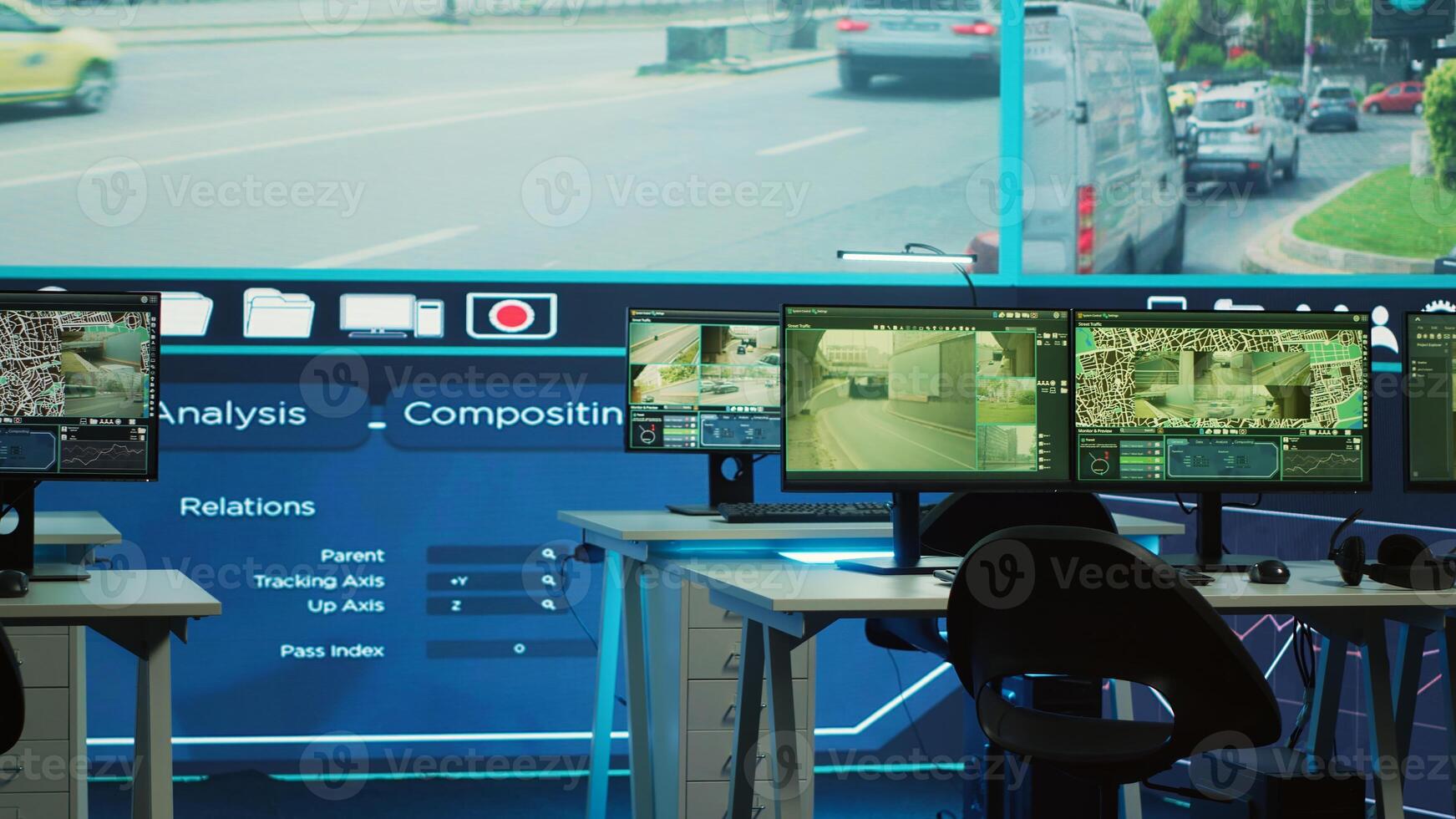 Empty observation room office with CCTV surveillance footage on a big screen, agency working on traffic control and monitoring public safety. Professional satellite reconnaissance system. photo