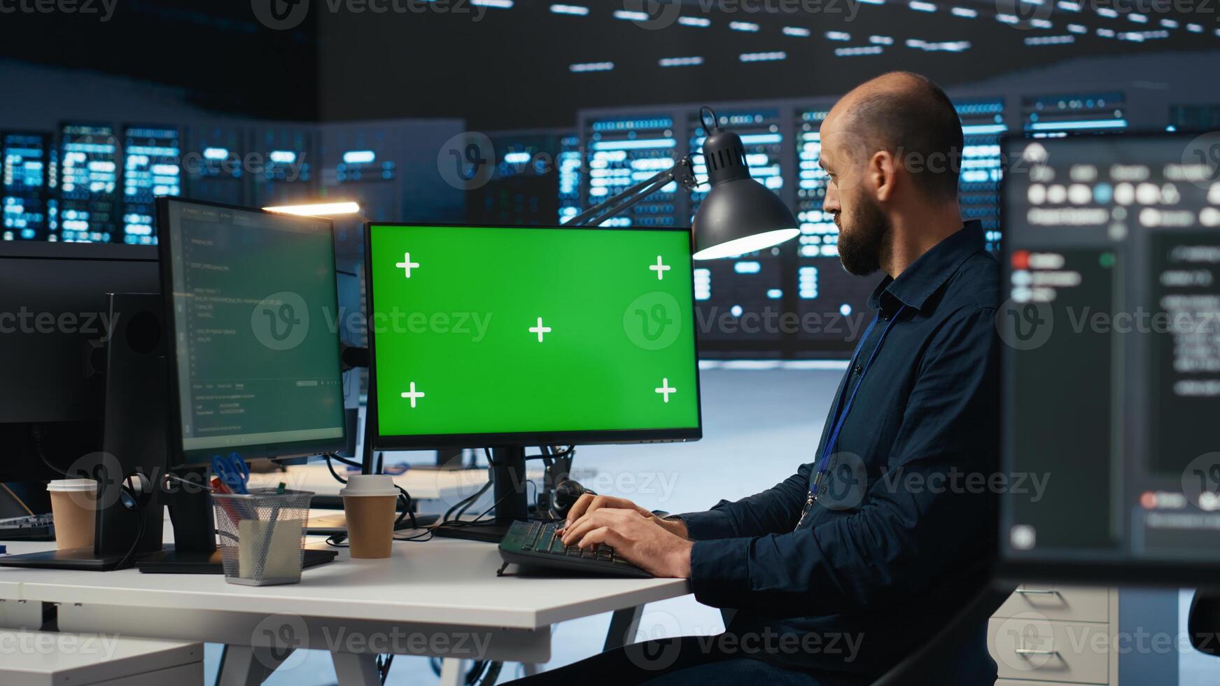 Admin overseeing server room, running code on isolated screen computer display, troubleshooting servers. Technician upgrading hardware clusters and storage arrays using chroma key PC photo