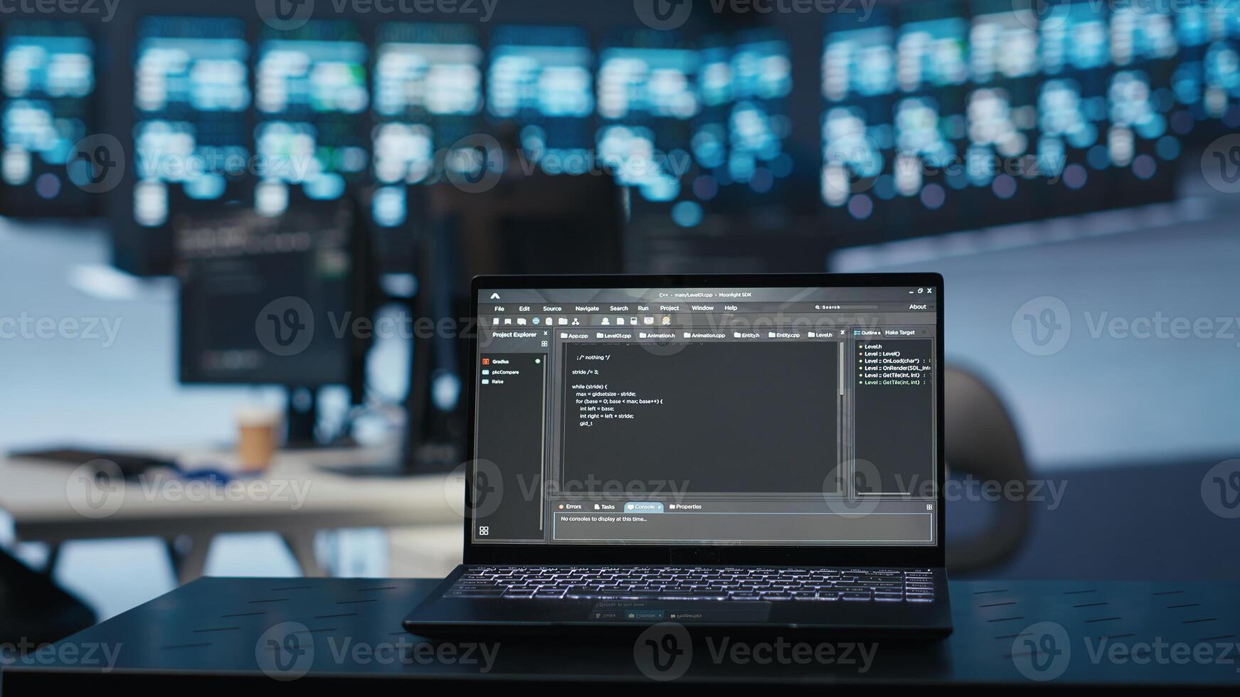 Focus on script running on laptop in server room with man in blurry background safeguarding data from threats. Close up shot of lines of code on notebook written by expert protecting supercomputers photo