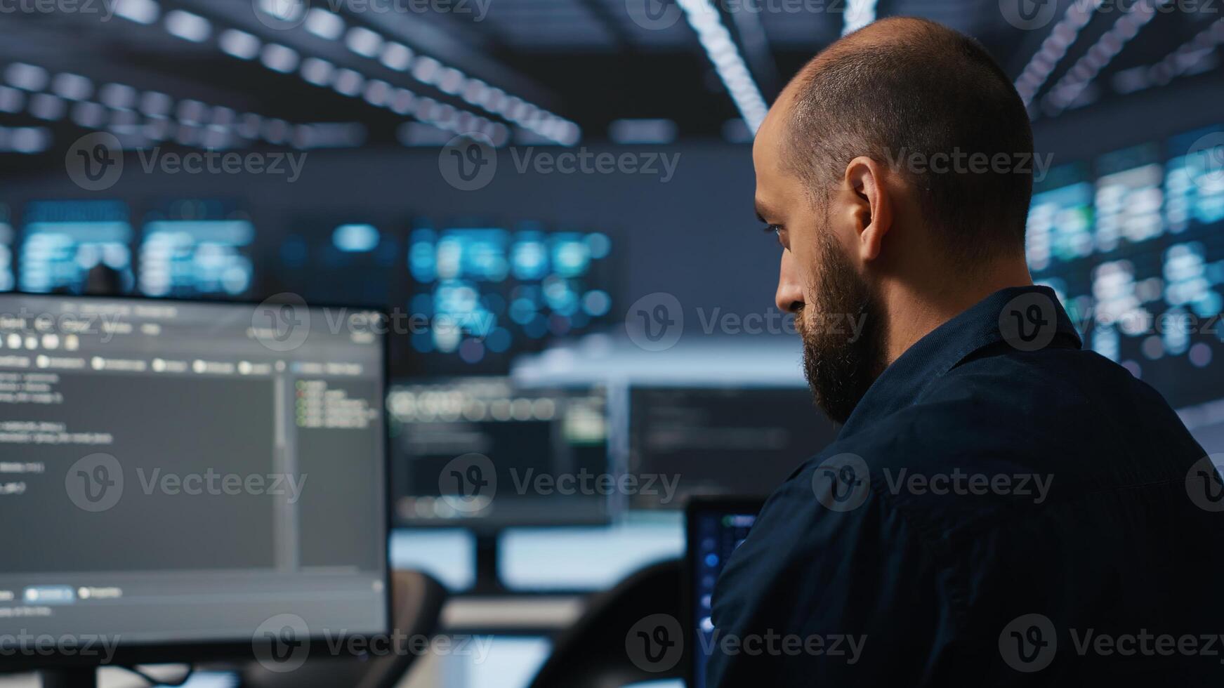 IT supervisor overseeing server room, running code on PC, troubleshooting rigs. Software admin upgrading hardware clusters, networking systems and storage arrays, close up shot photo