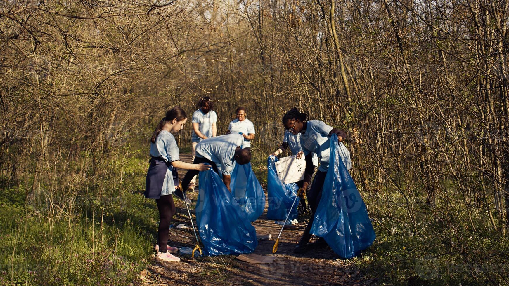 Group of volunteers working to clean the forest from garbage, collecting trash and plastic waste in bags. Environmental activists grabbing rubbish and recycling, support ecological justice. Camera B. photo