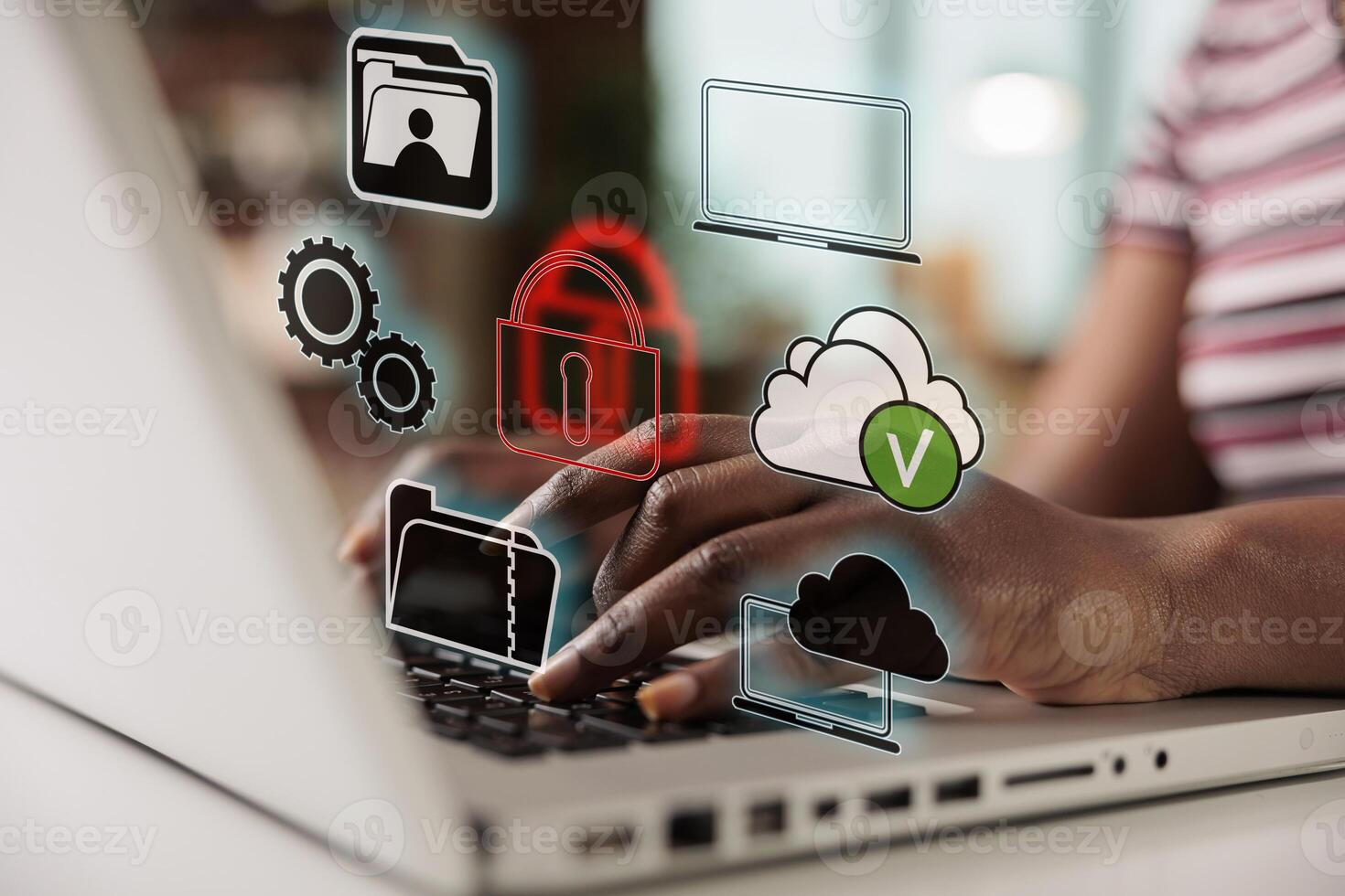 Cybersecurity privacy of data protection and system lock key, woman using laptop with secure encryption technology firewall security on online network. AI secured access to use personal data. photo