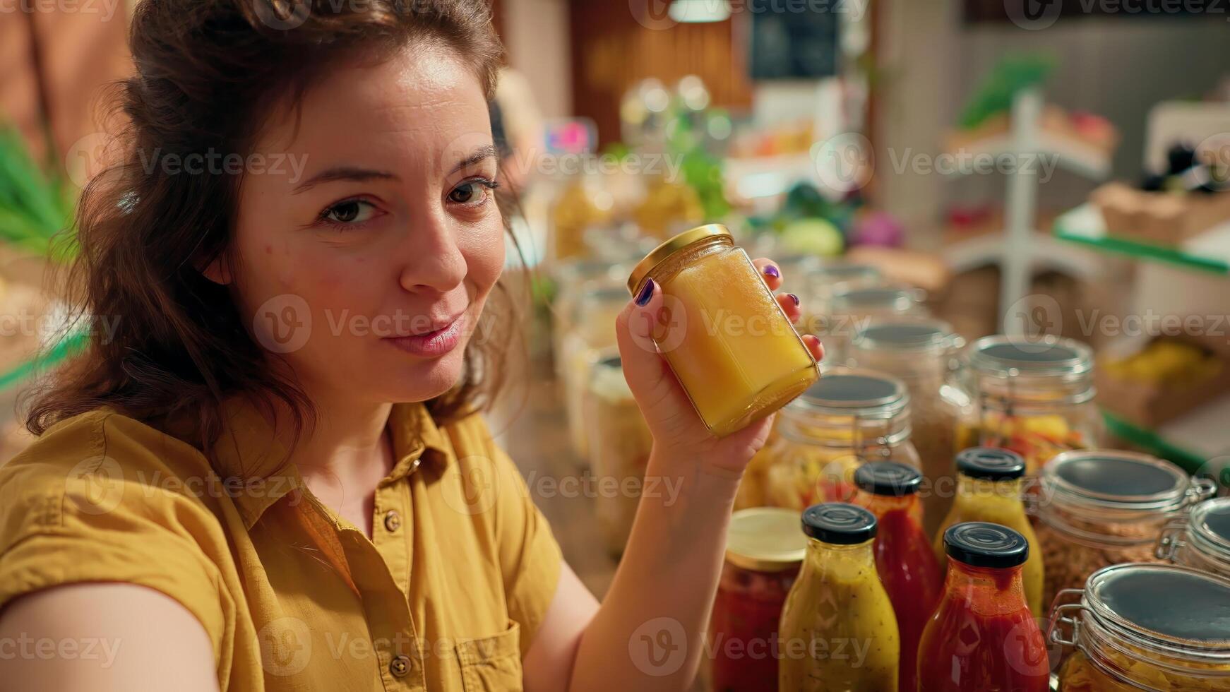 Woman films vlog praising hidden gem sustainable local neighborhood supermarket, impressed by high quality natural products. Health influencer shows around newly opened zero waste shop photo
