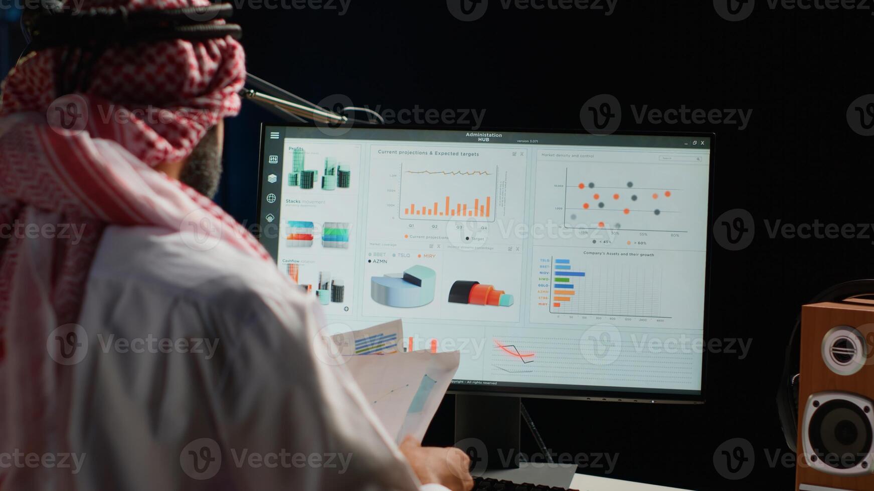 Focused businessman checking analytics statistical data set while remotely working in apartment office. Company executive optimizing key performance indicators, close up shot photo