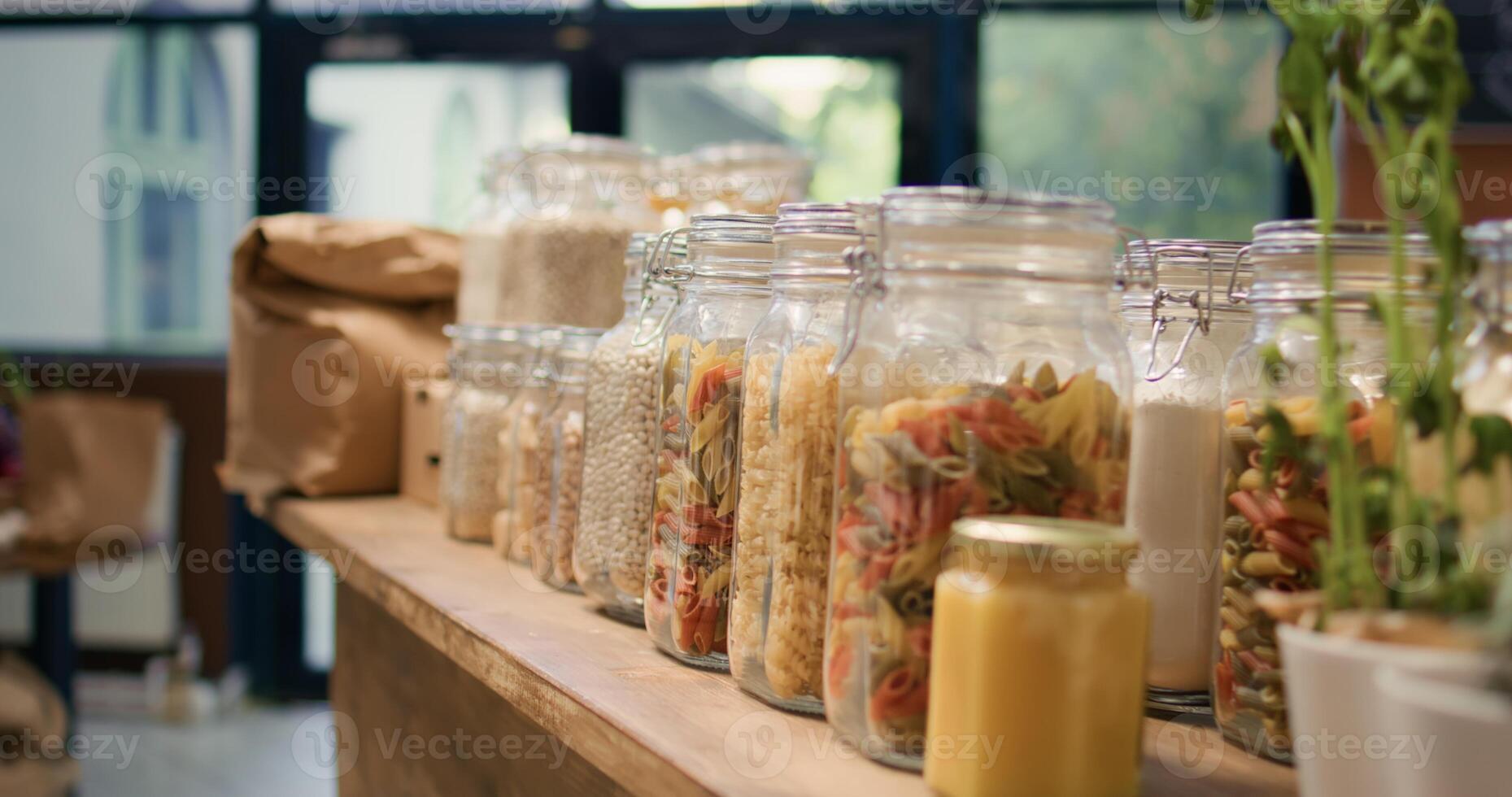 Close up on bulk products in reusable jars used by zero waste eco store to eliminate single use plastics, sustainable lifestyle. Local organic shop storing pantry supplies in nonpolluting packaging. photo