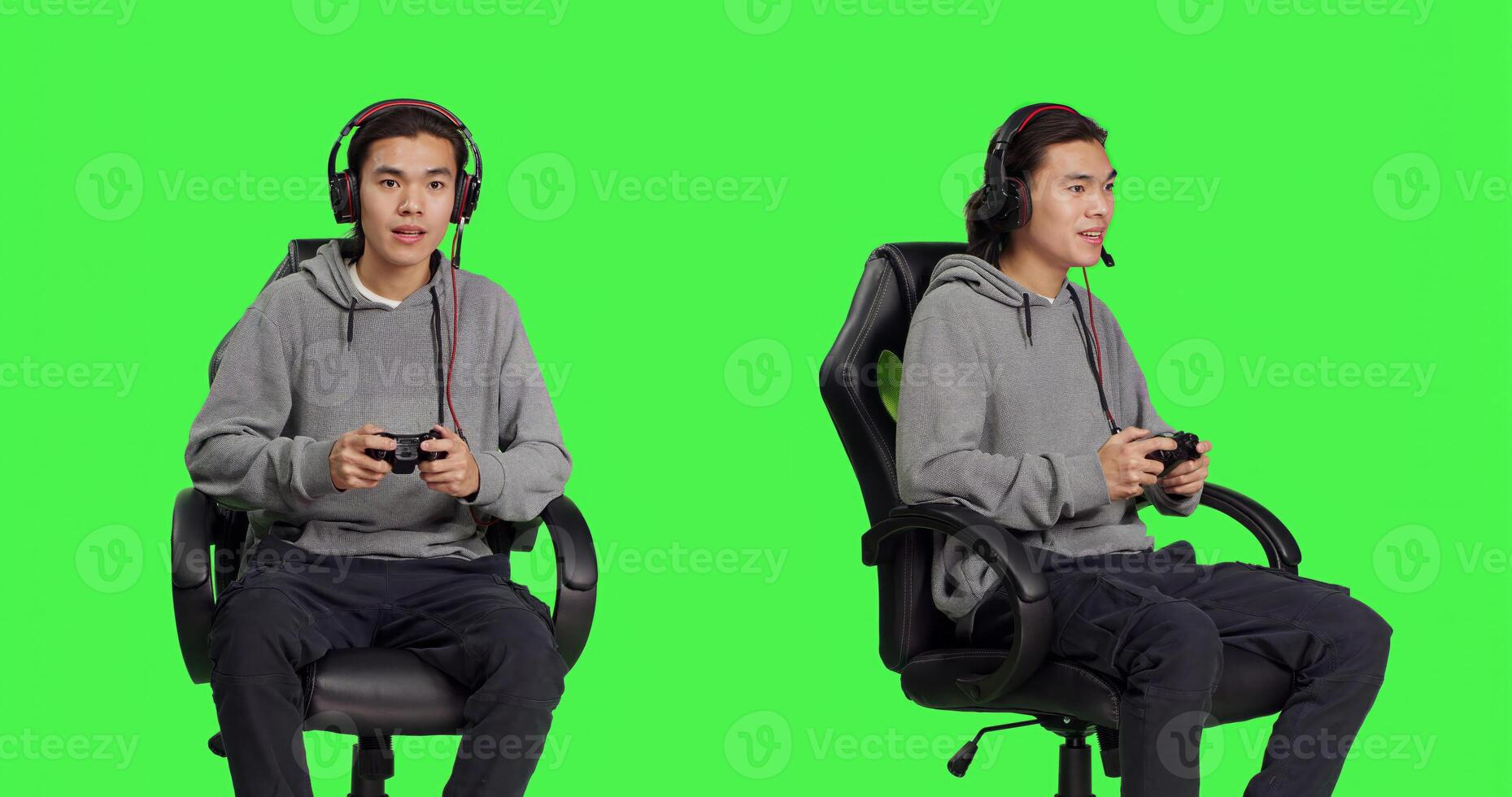 Confident guy playing games in studio, having fun with friends on online gaming quest over greenscreen backdrop. Asian man gamer enjoying rpg competition sitting on chair. photo