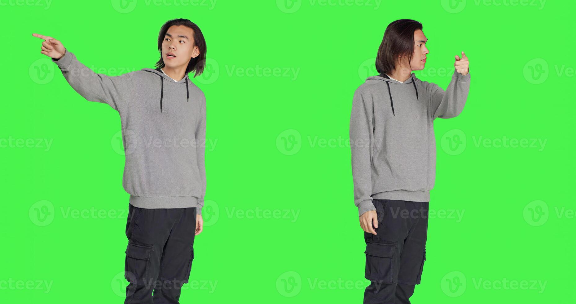 Adult showing left or right directions in studio, pointing to both sides and recommending another walkway. Asian young person indicating persons to go that way using index fingers. photo
