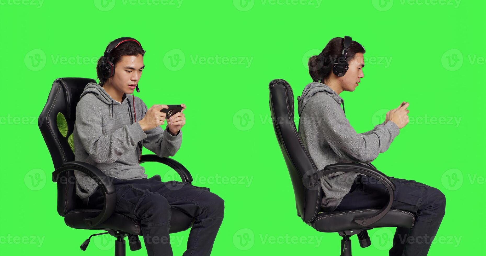 Asian person playing online games on smartphone, sitting in chair over greenscreen. Young guy using phone to play mobile games, online rpg competition with different gamers worldwide. photo