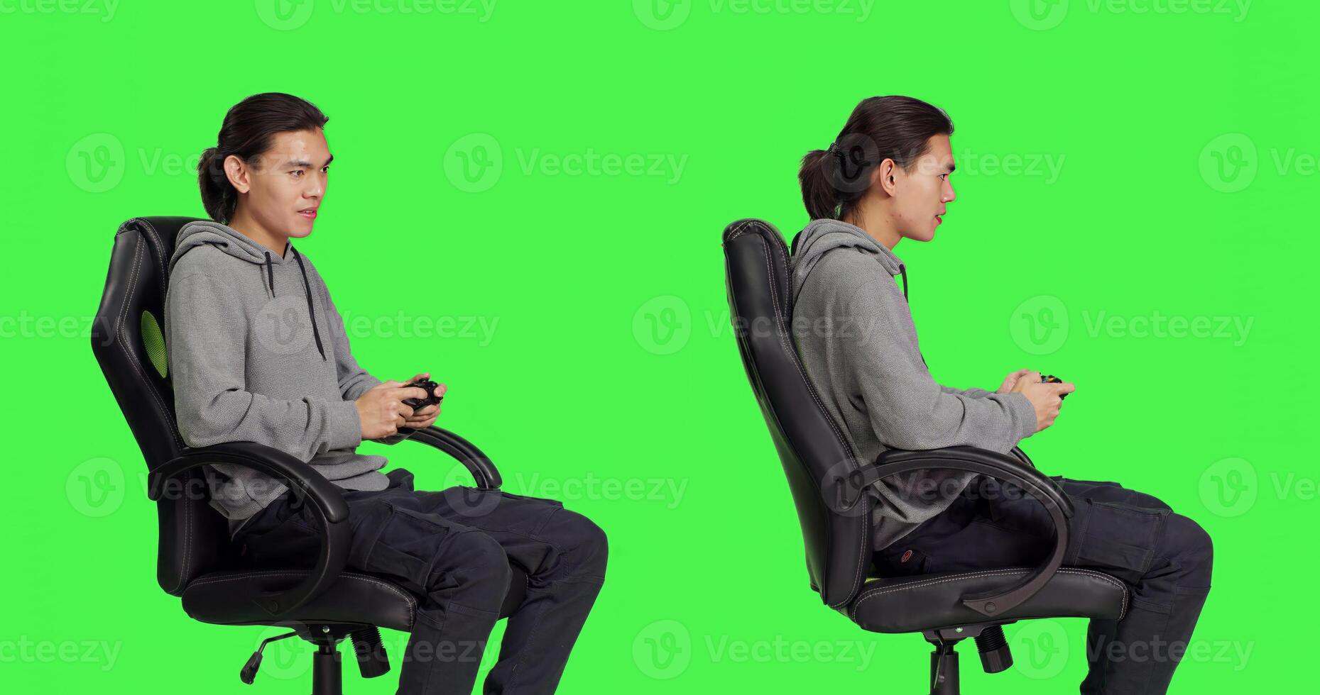 Young man playing videogames against greenscreen backdrop, sitting on chair and using controller on online gaming competition. Joyful relaxed guy having fun with rpg gameplay. photo