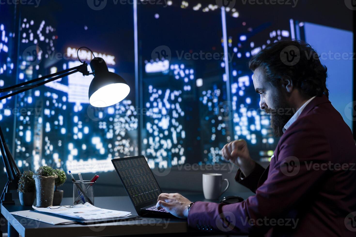 Investment consultant analyzing global business activity online, looking to sell on stock market and develop income. Wealthy CEO evaluating international exchange seeks to boost capital. photo