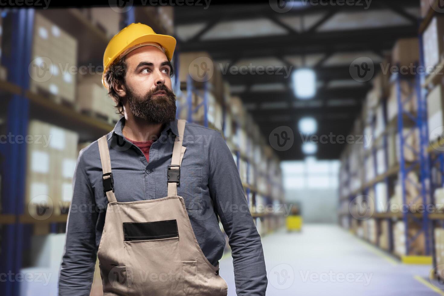 Warehouse engineer counting pallets of cargo stock ready for shipment, working on ensuring merchandise delivery. Customs compliance expert doing quality control for retail industry. photo