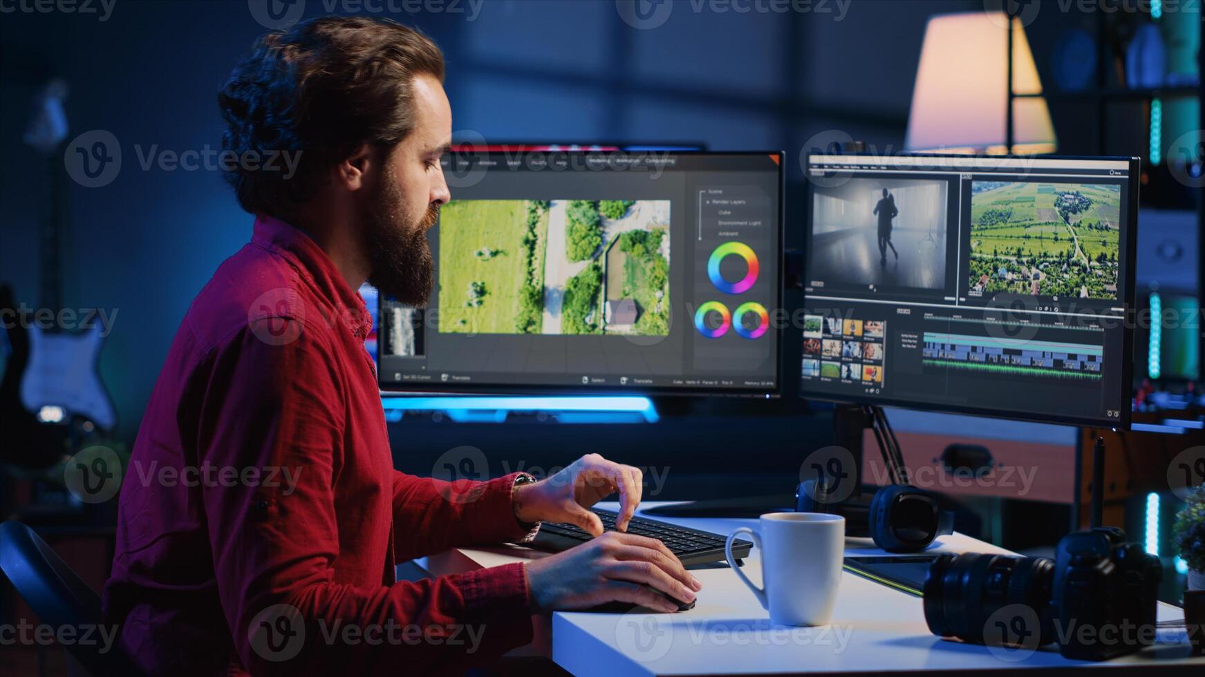 editor trimming segments of drone shot footage, working on promotional clip project in creative office. Videographer splicing film pieces, editing them using professional software on computer photo