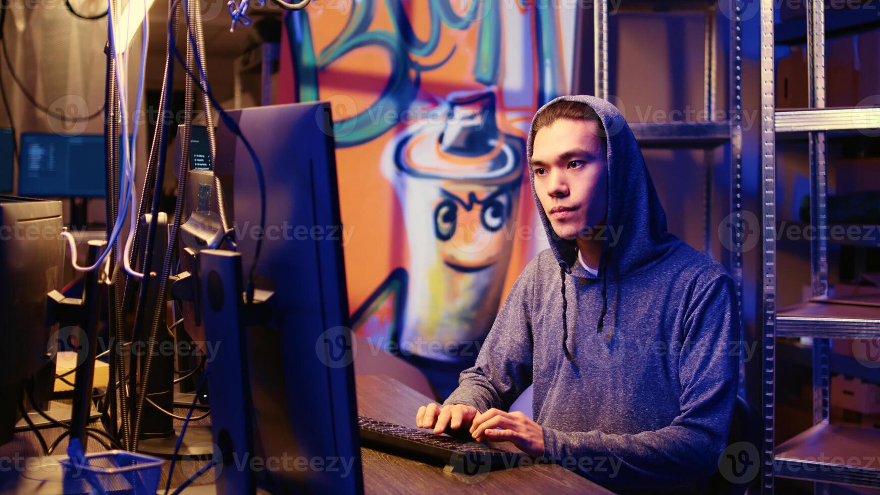 Hacker group coordinating DDoS attack on website, working on multiple computers to sending large amounts of traffic and overwhelm it. Rogue programmers in secret bunker flooding target server photo