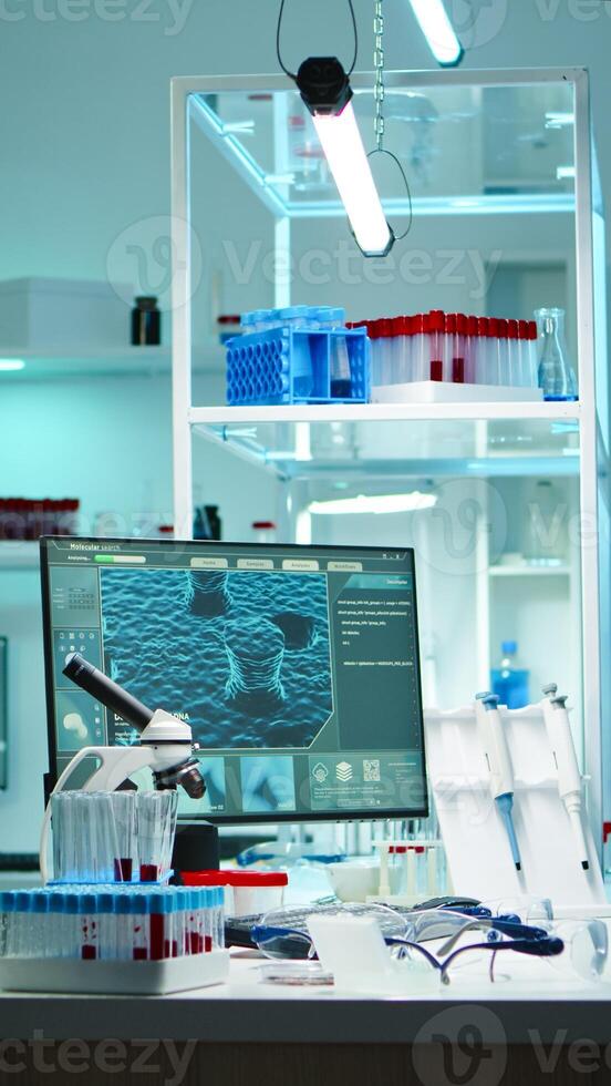 Interior of modern science laboratory with no people prepared for pharmaceutical innovation late at night using high tech, microbiology tools for scientific research. Vaccine against covid19 virus photo