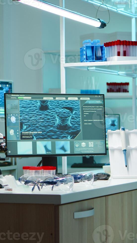 Interior of empty science laboratory with modern equipment prepared for medical innovation late at night using high tech, microbiology tools for scientific research. Vaccine against covid19 virus photo