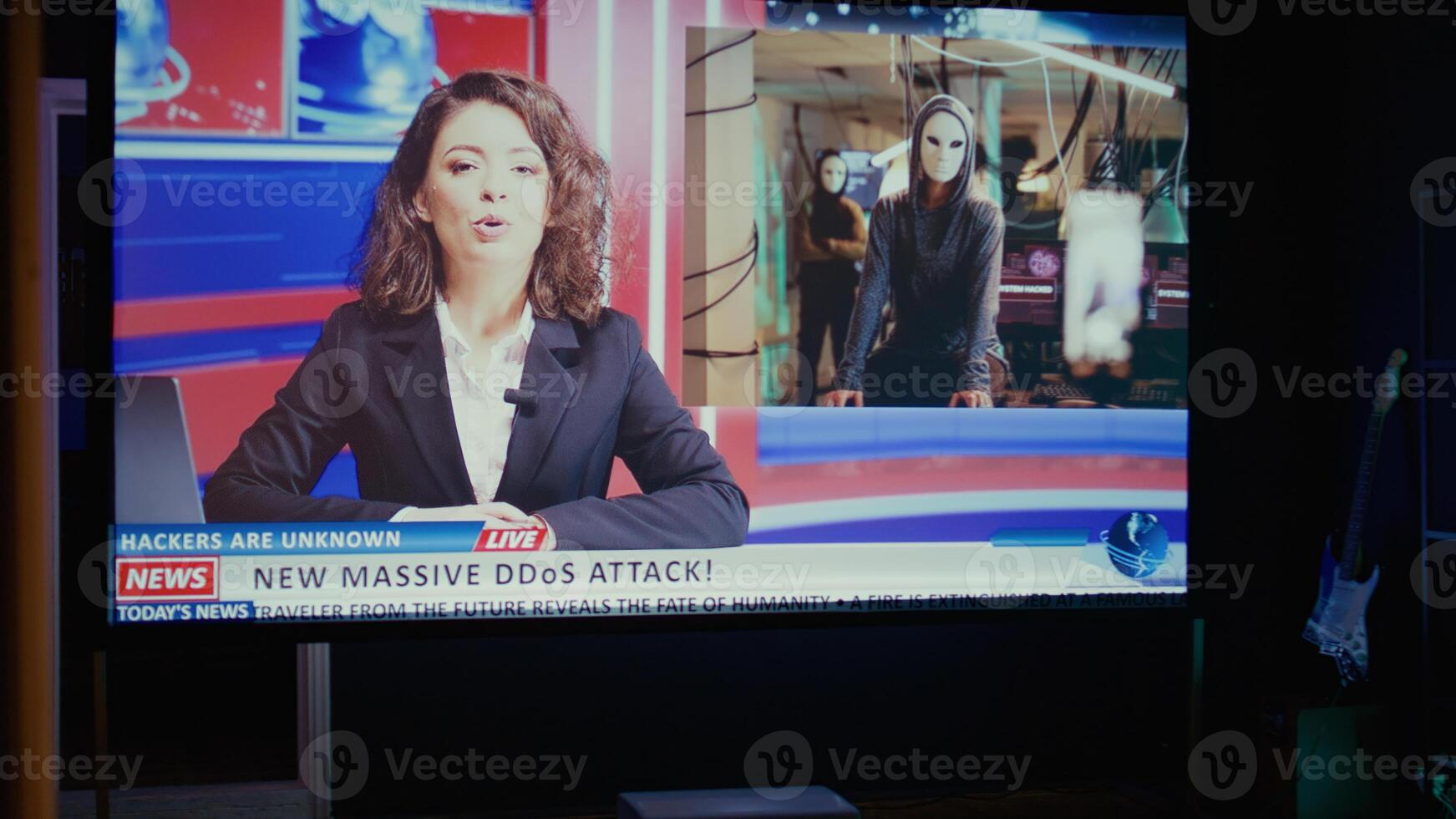 Journalist woman in newscast production talking about cybercriminals attacks subject, close up shot on smart TV screen. on demand subscription based news channel covering hackers story photo