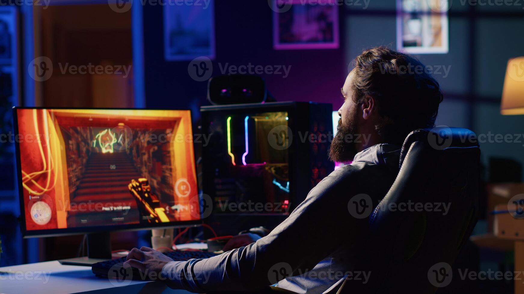 Player reaching final mission in FPS videogame, battling flying robots shooting laser bullets at him in dark industrial halls. Gamer playing first person shooter game, fighting final boss photo