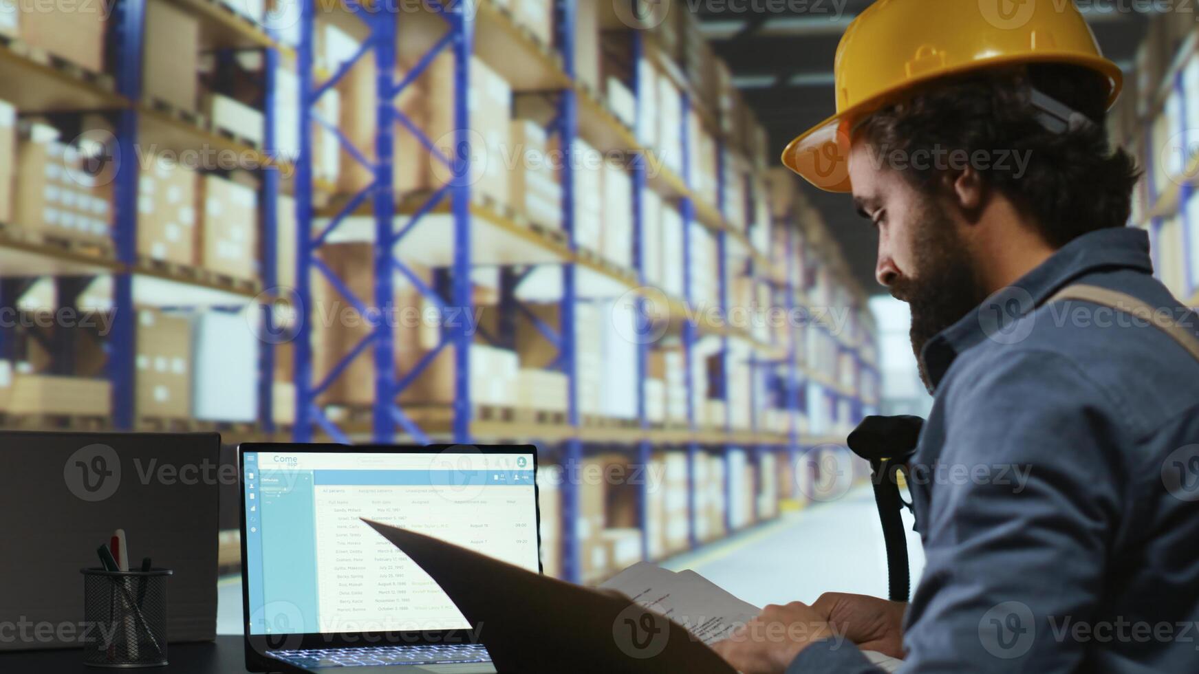 Export supervisor drafting billing for product logistics, managing shipping and delivery requirements. Factory operator reviewing dispatch reports for order submission and stock control. photo