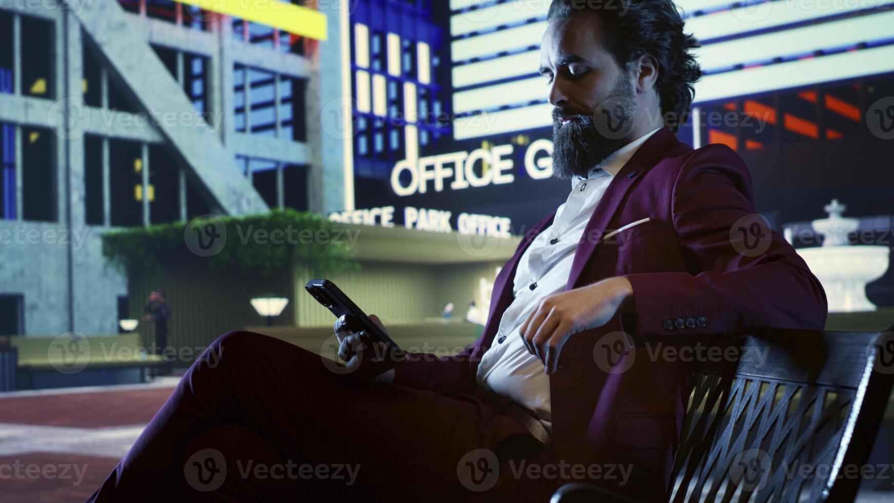 Financial advisor checks phone notifications sitting on bench, admiring city center night lights. Businessman capital funds investor preparing to grow company internationally, following trends. photo