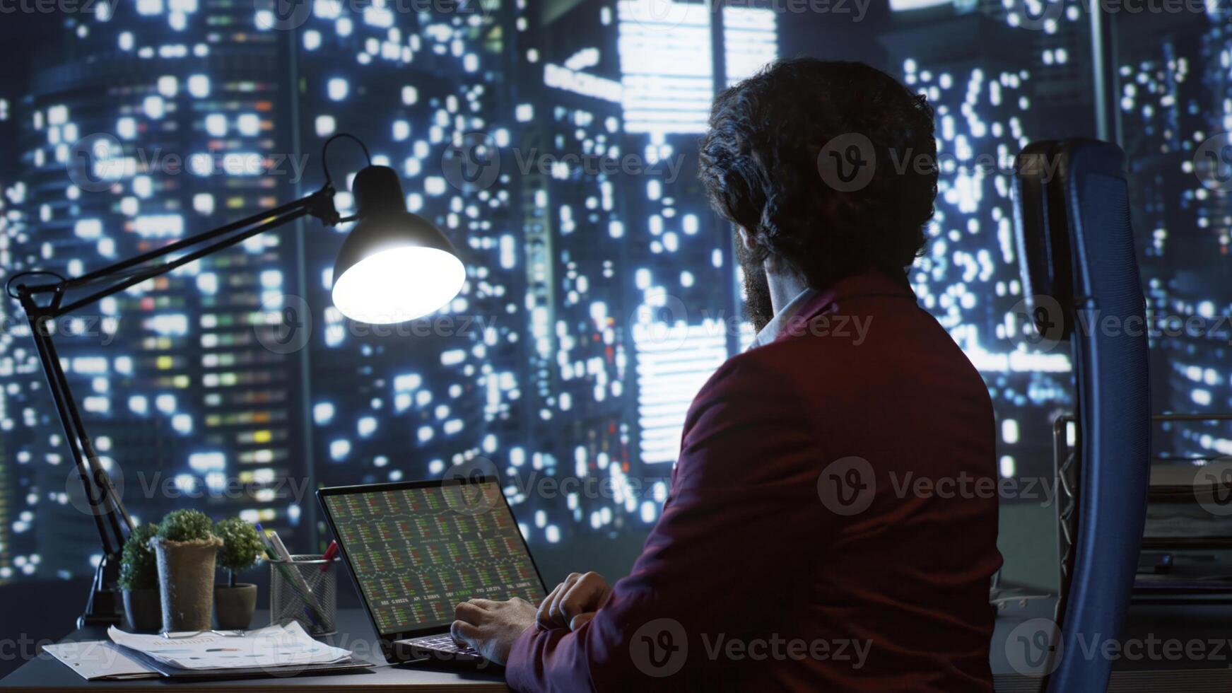 Financial analysts examines stock market conditions to provide advice on investment strategies, admiring city center. Specialist creating reports, tracking economic metrics and updating company CEO. photo