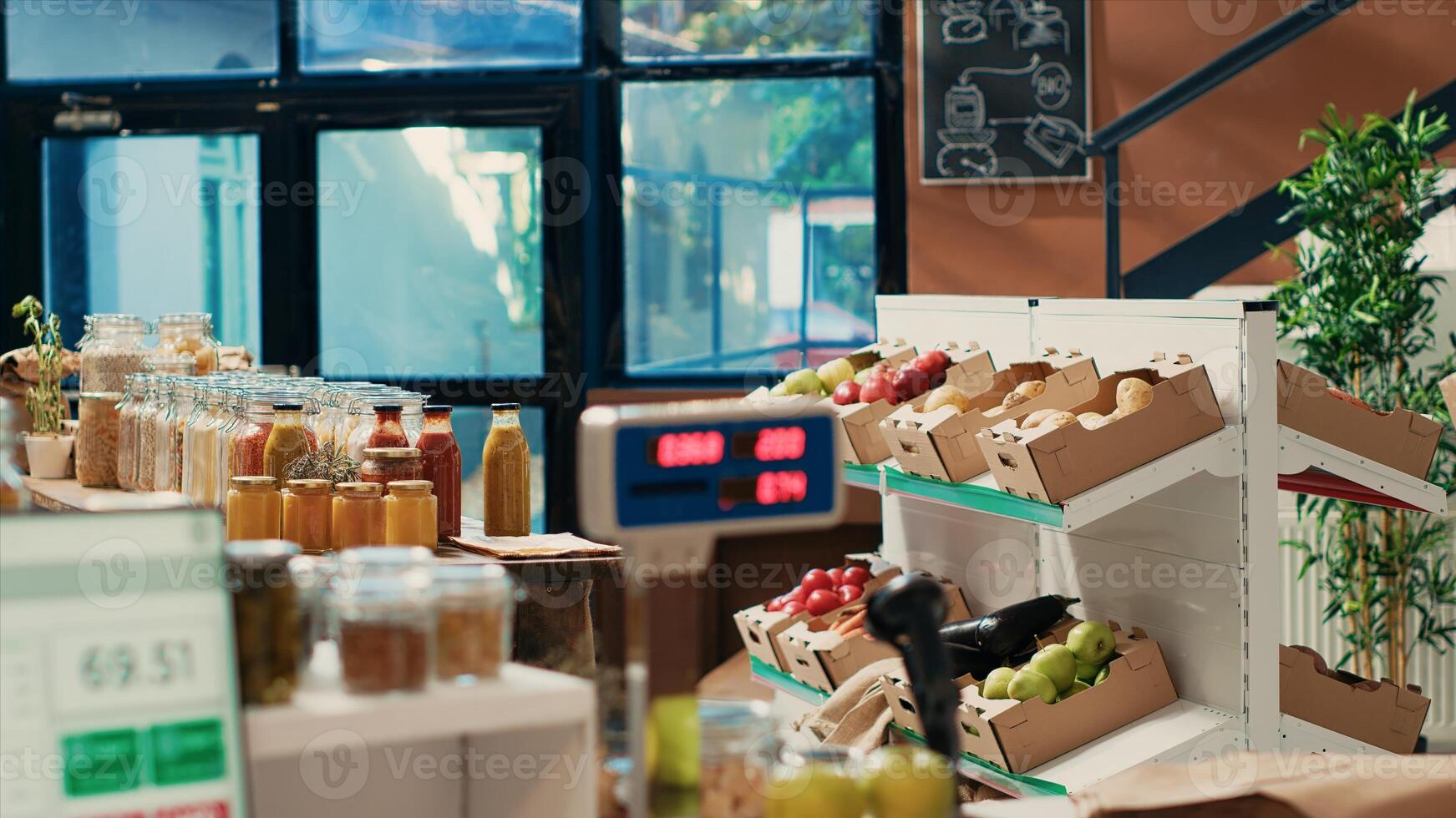 Empty eco friendly local store with weighting scale on counter, modern equipment used to measure pantry supplies in bulk and fresh ripe fruits or veggies. Neighborhood shop for sustainable lifestyle. photo