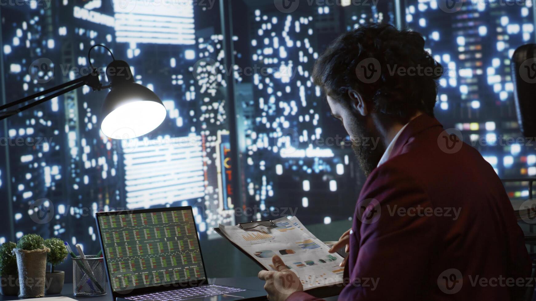 Market analyst review monthly exchange operations, trying to find successful trend to risk selling important global company revenue. Chairman examining stock trade profit, increase funds. photo