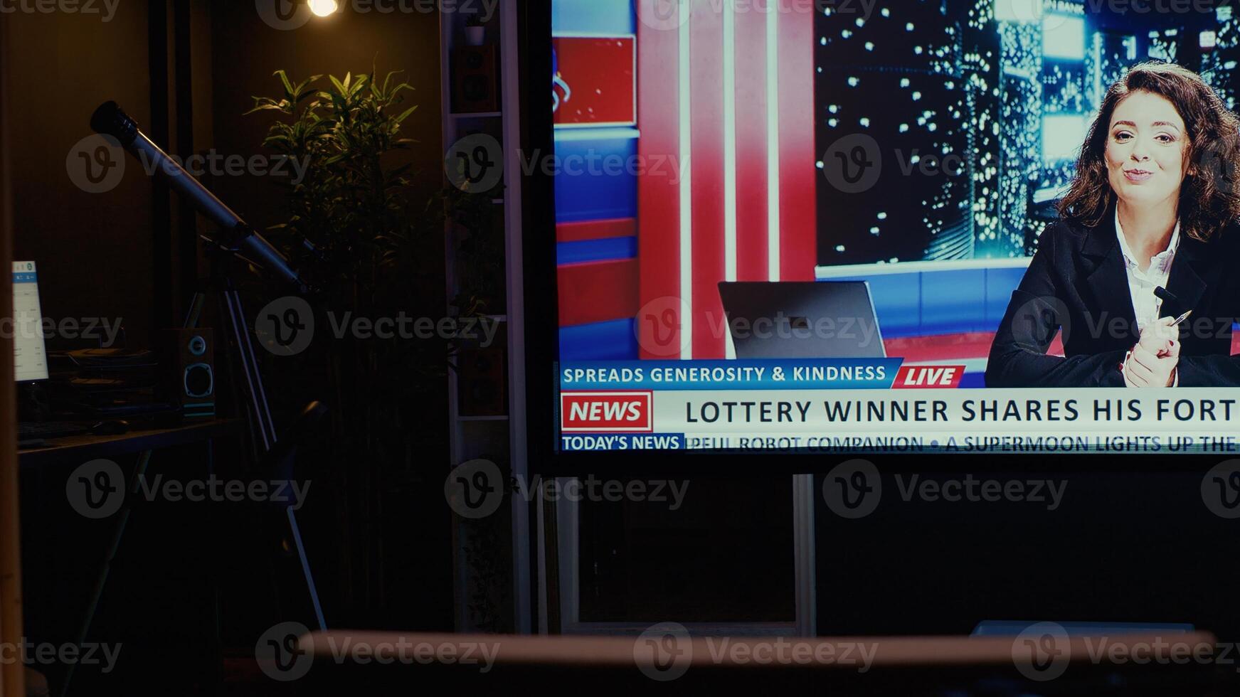 TV left open at night on streaming service channel with news reporter covering different subjects. Close up shot of smart TV in empty dimly lit apartment showing journalist talk about reportages photo