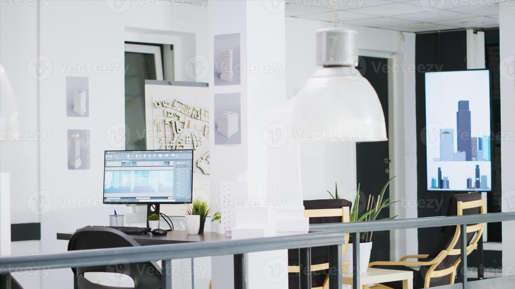 Cad modeling system running on PC at a empty workstation, urbanistic designs and layouts on table. Innovative architectural creative business desktops equipped with manufacturing tools. photo