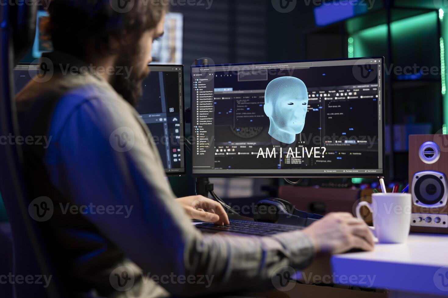 IT expert talking with AI becoming sentient and asking questions about itself. Software developer chatting with artificial intelligence wishing to befriend humanity after becoming self aware photo