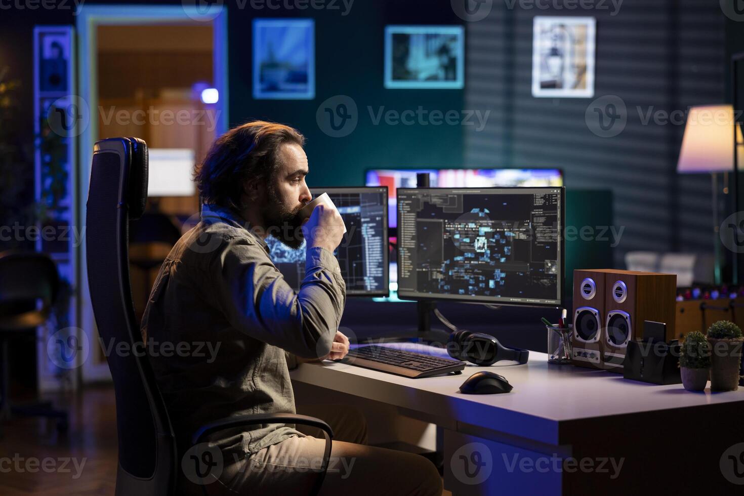 Software developer drinking coffee, watching AI on screen gaining humanoid form and consciousness. Computer scientist consuming hot beverage, seeing artificial intelligence materializing on monitor photo