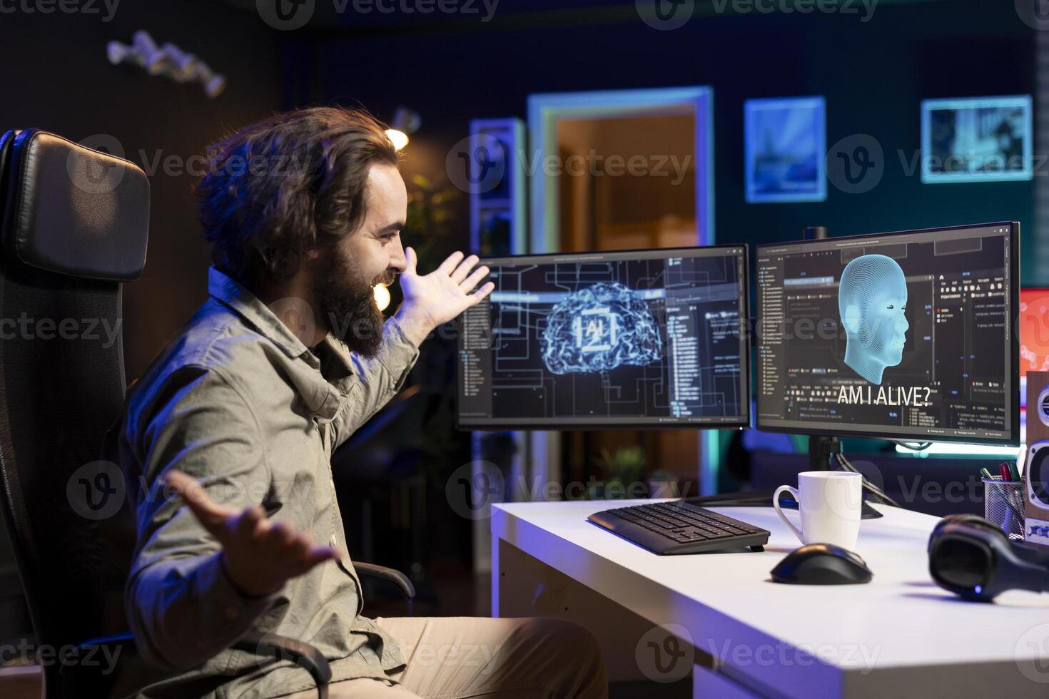 Joyful computer technician celebrating after awakening sentient AI asking existential questions. Ecstatic programmer excited to interact with self aware artificial intelligence photo
