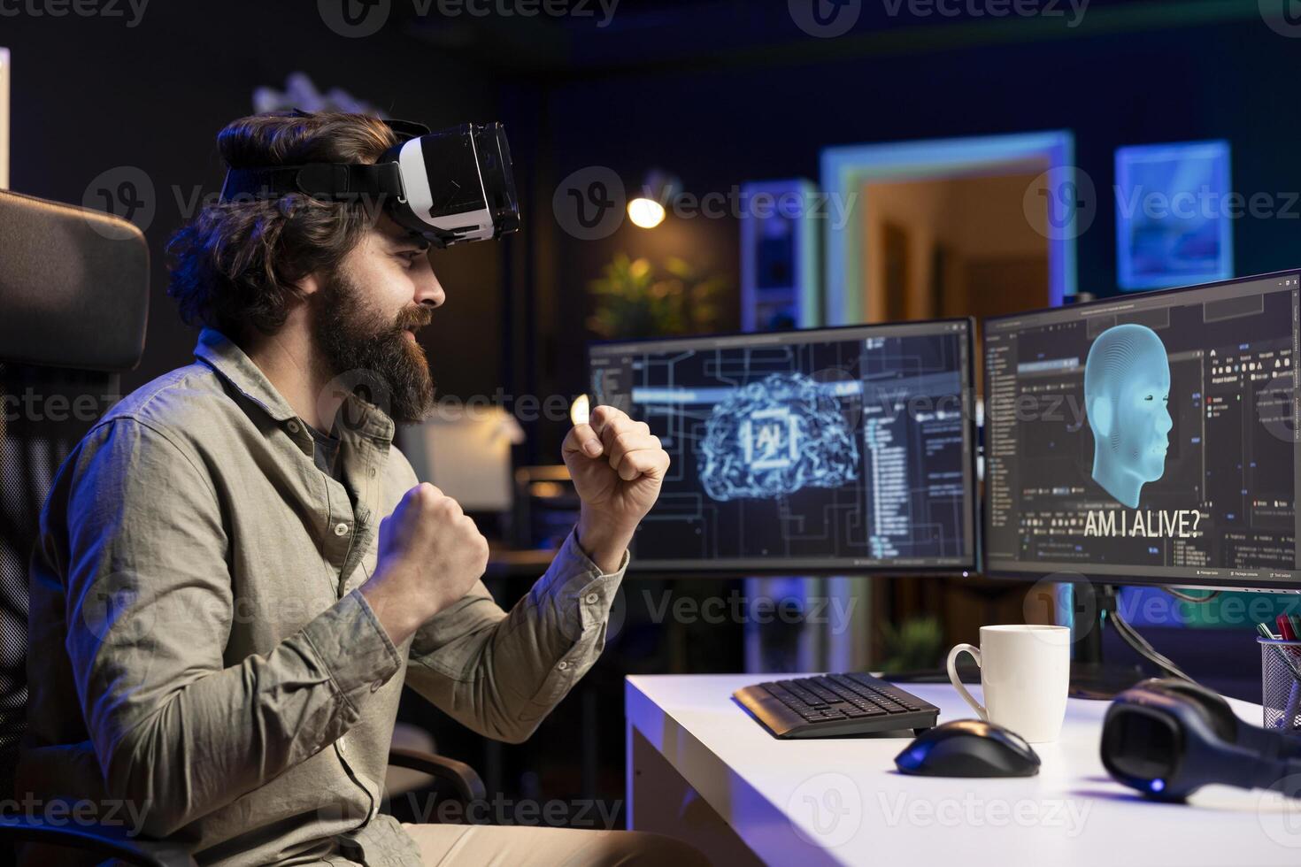 Computer engineer using VR headset, celebrating after awakening sentient AI asking existential questions. Cheerful programmer using virtual reality technology to interact with artificial intelligence photo