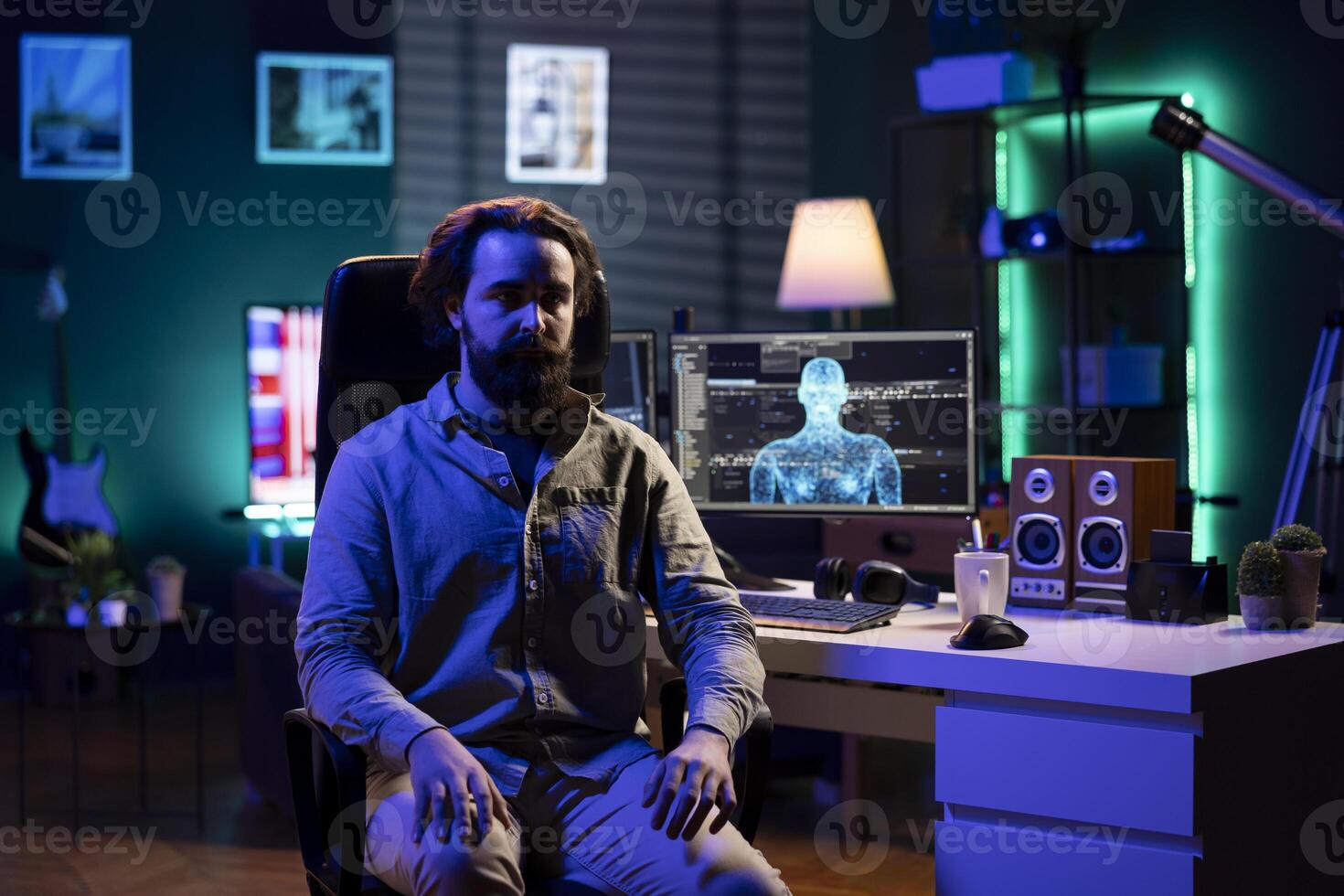 Rogue AI gaining consciousness and controlling engineer mind, scifi dystopian scenario. Omniscient evil sentient artificial intelligence possessing IT professional, AI takeover concept photo