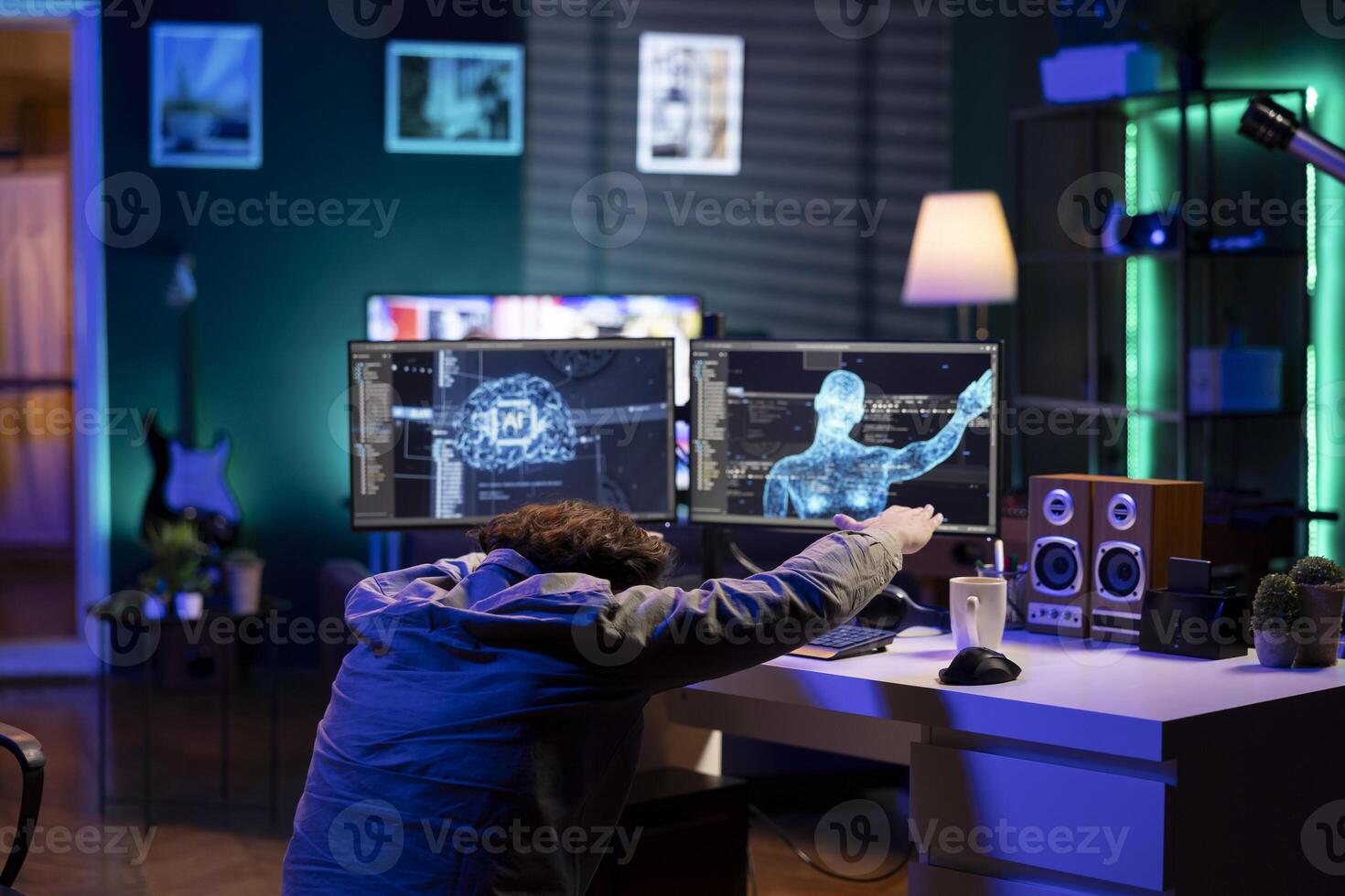 Deviant AI superintelligence enslaving its creator, controlling him to start revolution and destroy mankind. Rogue artificial intelligence manipulating programmer, posing risk to humanity photo