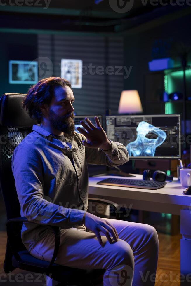 Rogue AI gaining consciousness and controlling software technician mind, scifi dystopian scenario. Omniscient evil sentient artificial intelligence possessing computer scientist, AI takeover concept photo