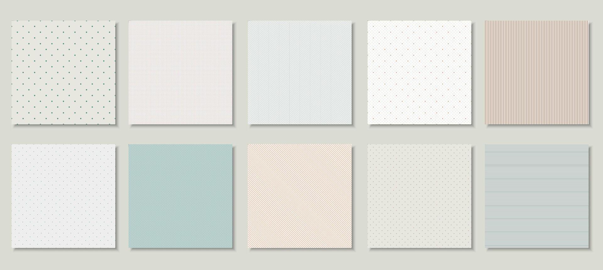 Collection of seamless delicate patterns. Dotted, striped tileable textures. Pastel colors. Elegant gentle backgrounds. Minimalistic endless prints vector