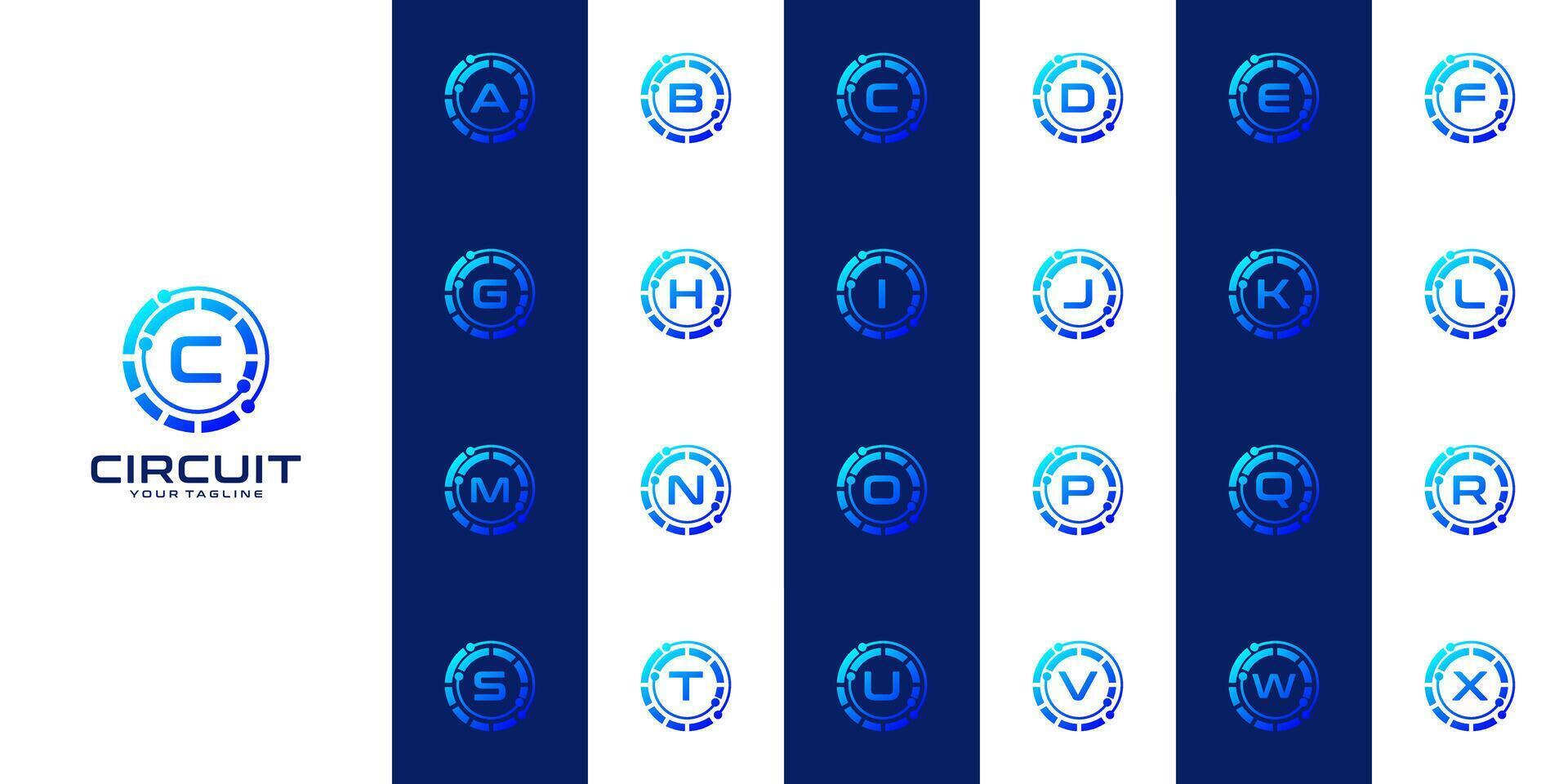 collection of initial letters a to z with logo design, technology circular lines and connection points for technology, digital, connection, data vector