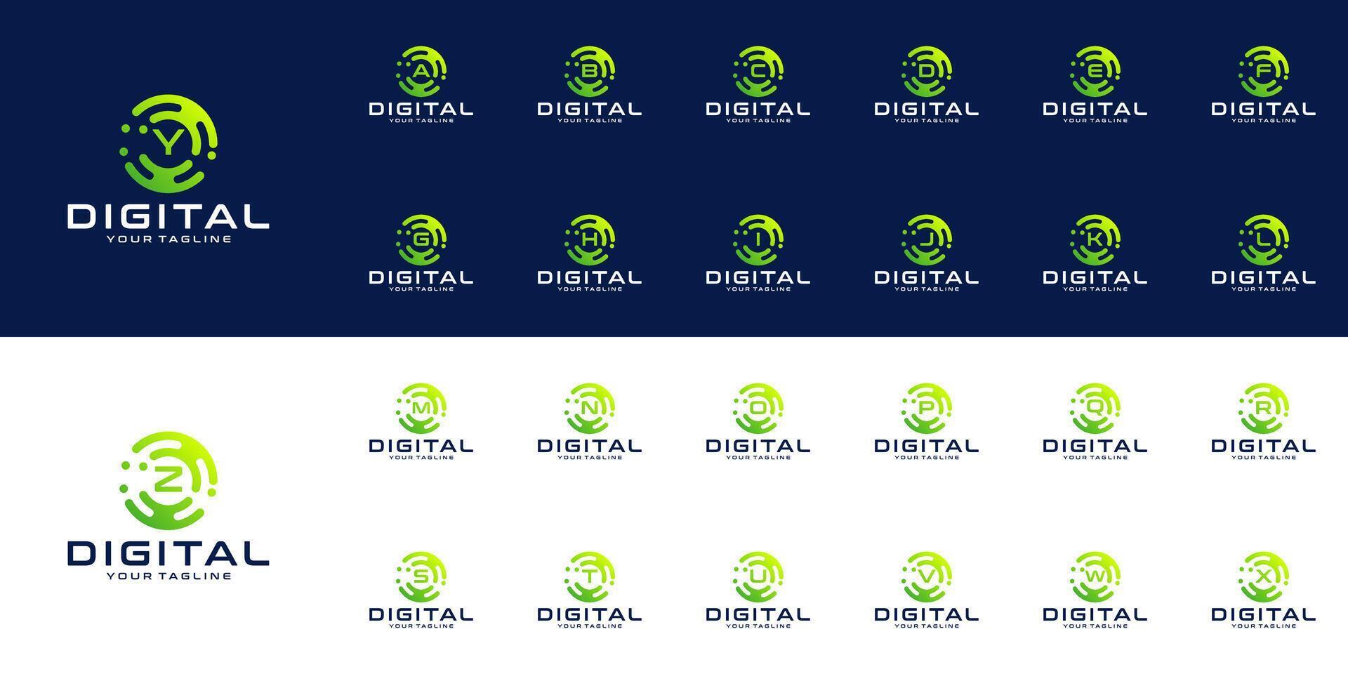 collection of initial letters a to z with logo design, circular line technology and green connection points for technology, digital, connection, data vector