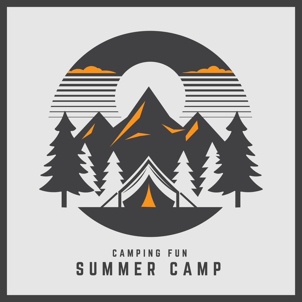 Camping Illustration with Tent, Pine Tree, Mountain, Moon, Cloud, Stars, Forests. vector