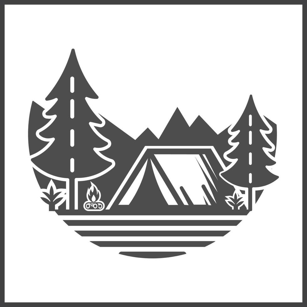 Camping Illustration with Tent, Pine Tree, Mountain, Moon, Cloud, Stars, Forests. vector