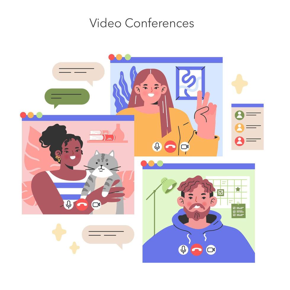 Conferences illustration Colleagues connect in a virtual space, sharing a moment of work and companionship with their pets, enhancing the home office experience illustration vector