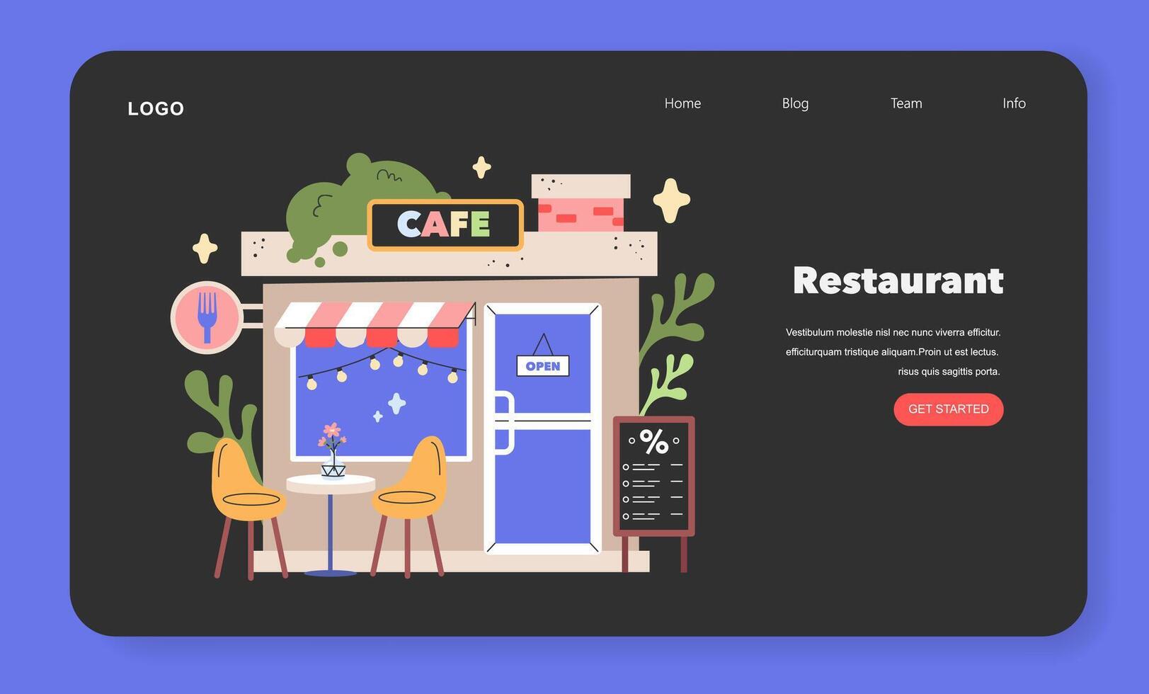 Charming Cafe scene A welcoming restaurant facade with a quaint seating area invites customers to savor moments under the gentle glow of fairy lights illustration vector