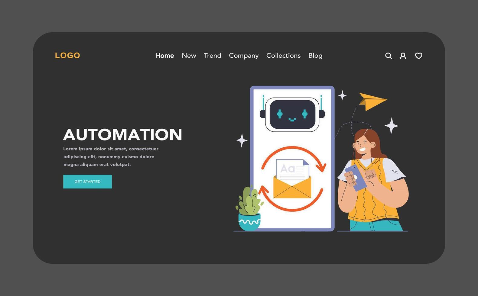 Digital Automation dark or night mode web, landing. Woman holding vector