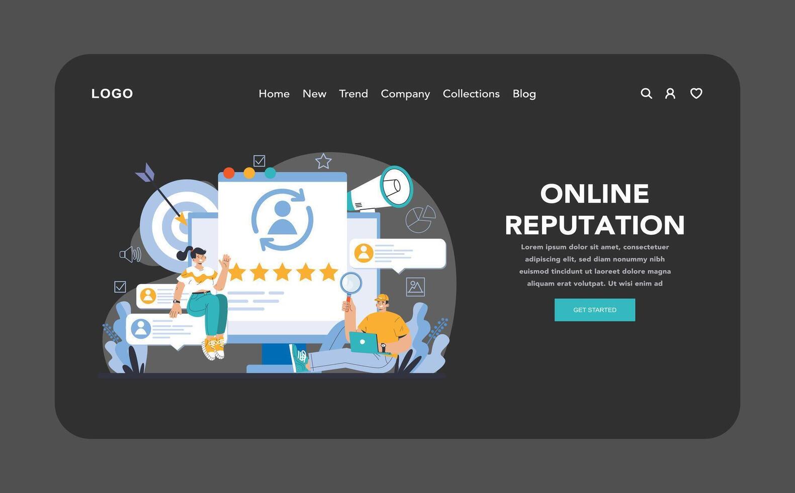 Reputation management dark or night mode web or landing. Relationship vector