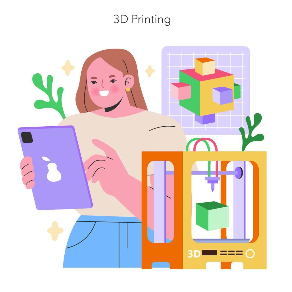 Maker Culture concept Woman with a tablet showcases the innovative process of 3D printing, highlighting the creative potential of modern technology illustration vector