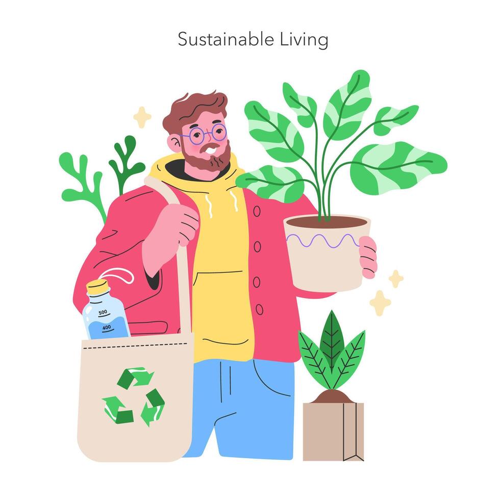 Maker Culture concept Man with plants and recycled materials, capturing the essence of sustainable living and environmental responsibility Green habits in modern life illustration vector