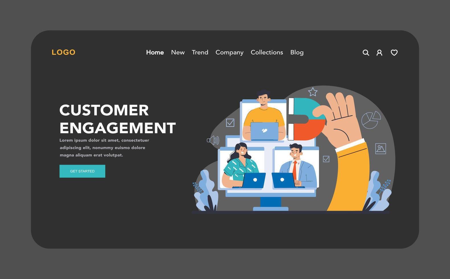 Reputation management dark or night mode web or landing. Relationship vector