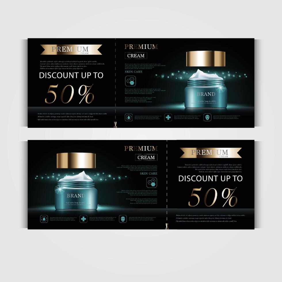 Gift voucher hydrating facial cream for annual sale or festival sale. gold cream mask bottle isolated on glitter particles background. Banner graceful cosmetic ads, illustration. vector